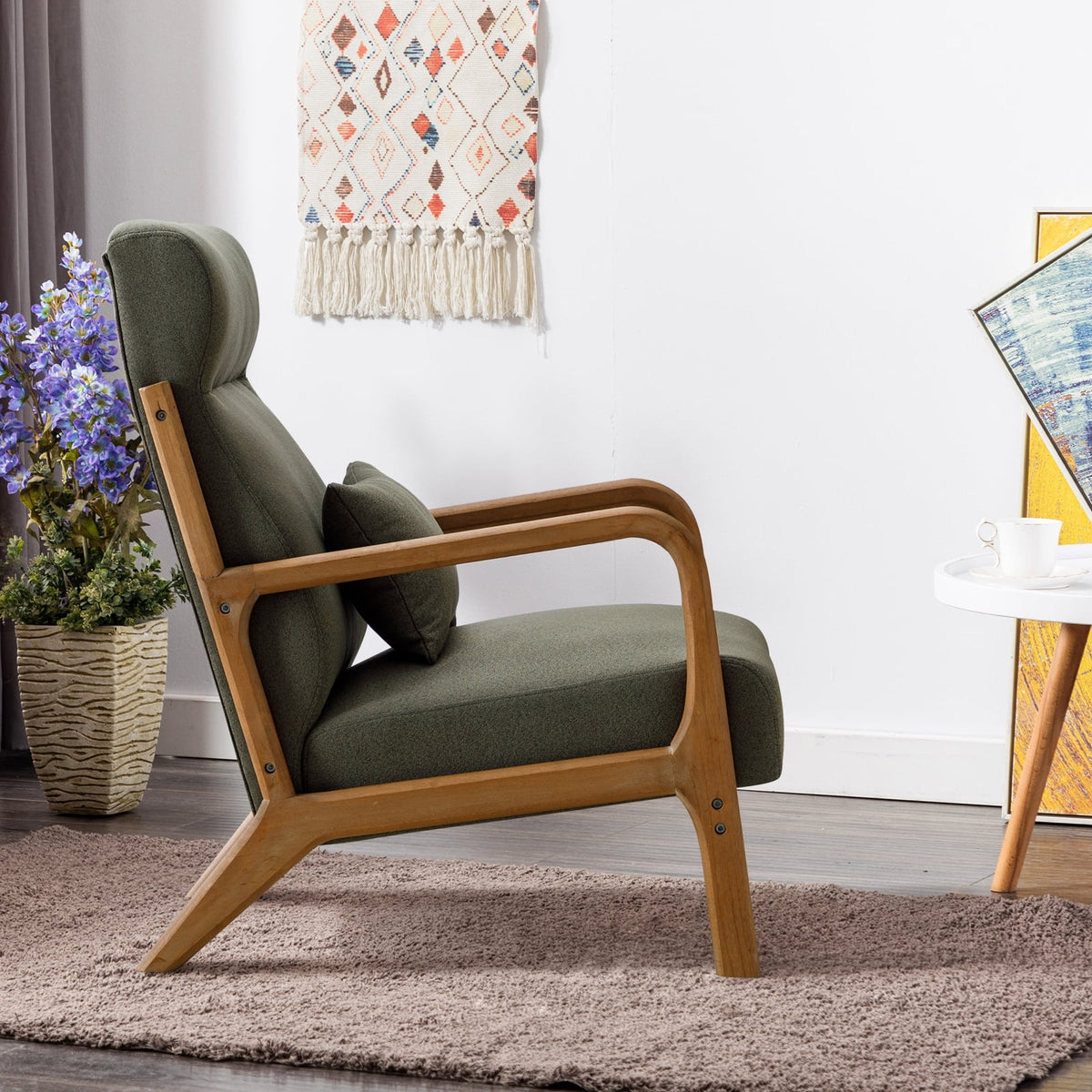 Mid-Century Modern Green Upholstered Accent Chair with Pillow D603655