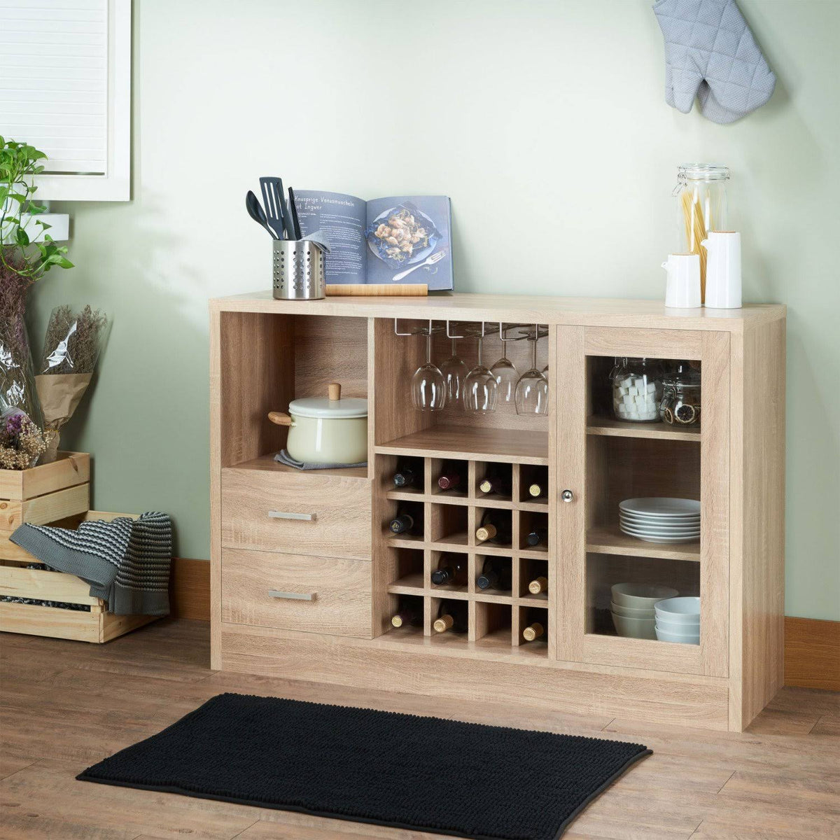 Contemporary Wooden Server with Side Door Storage Cabinets and Two Drawers Brown W277985