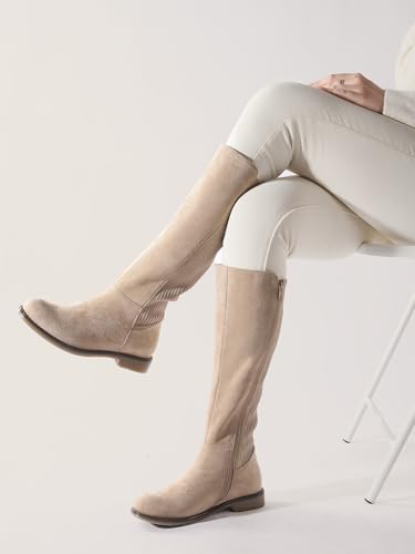Knee High Boots Flat Low Heel Stretchy Round Toe with Side Zipper Z8201