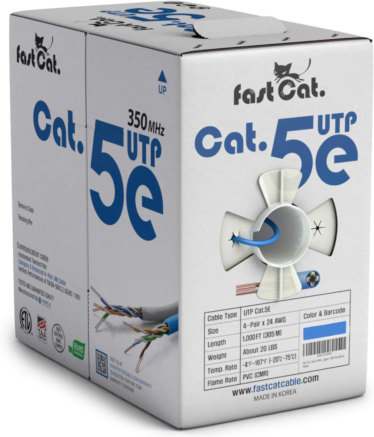 Cat5e Ethernet Cable 1000ft - 24 AWG CMR Insulated Bare Copper Wire UTP LAN Cable Y91834