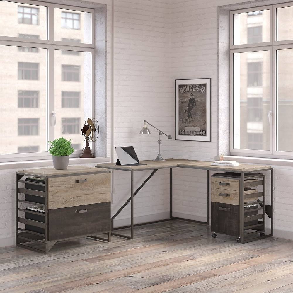 White L Shaped Industrial Desk with File Cabinets G118642