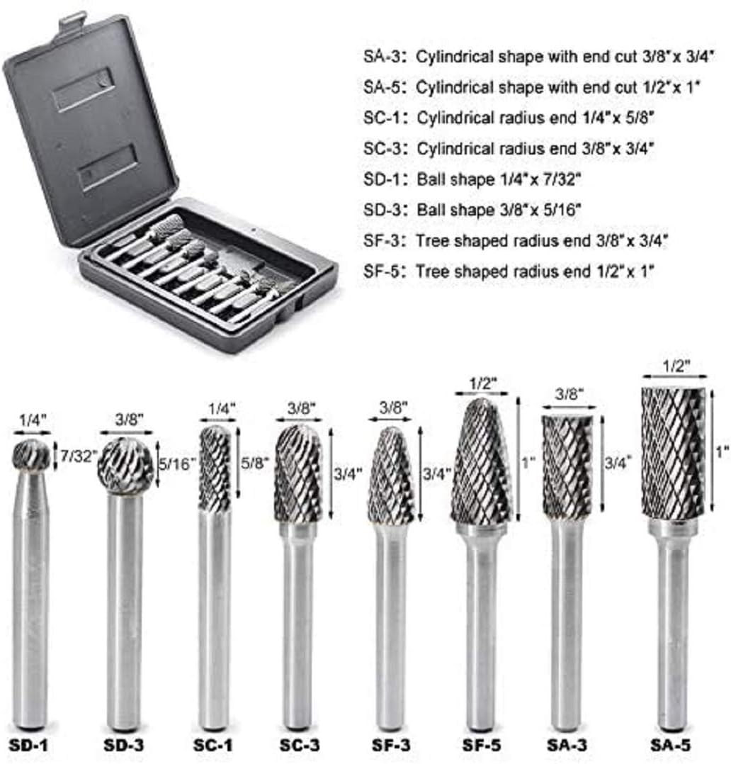 Carbide Burr Set with 1/4'' Shank 8pcs Double Cut Solid Carbide Rotary Burr Set C477084
