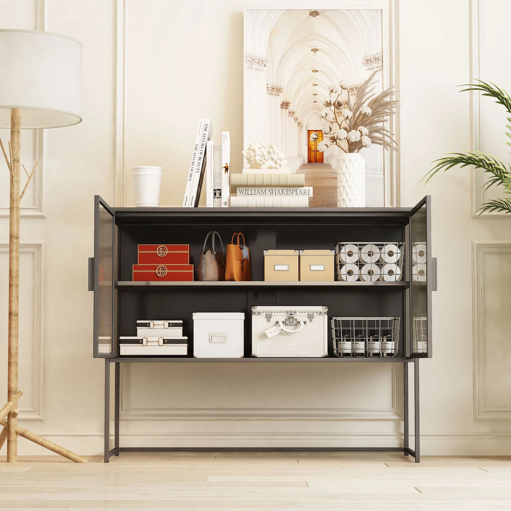Gray Fluted Glass Sideboard Storage Cabinet Console Table O67401