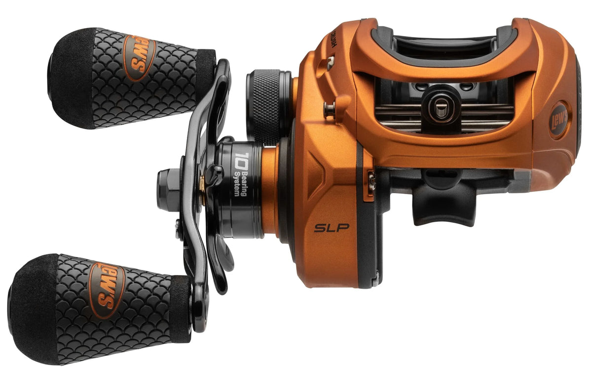 Orange Baitcast Fishing Reel, Right-Hand Retrieve, 7.5:1 Gear Ratio, 10 Bearing System L6317
