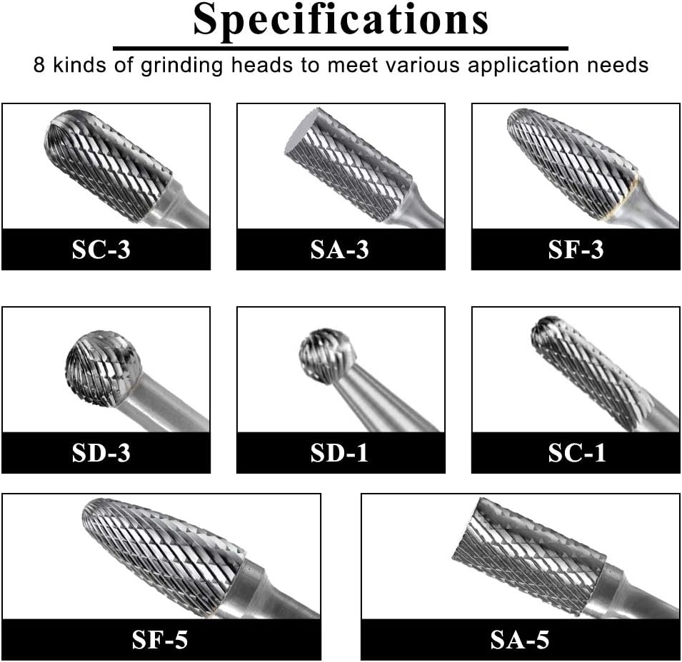 Carbide Burr Set with 1/4'' Shank 8pcs Double Cut Solid Carbide Rotary Burr Set C477084