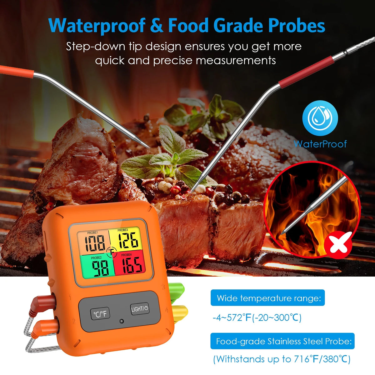 Wireless Meat Thermometer with 4 Meat Probes U92575