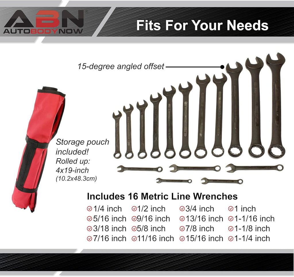 16 Pc SAE Combination Wrench Set with Roll Up Pouch P6413