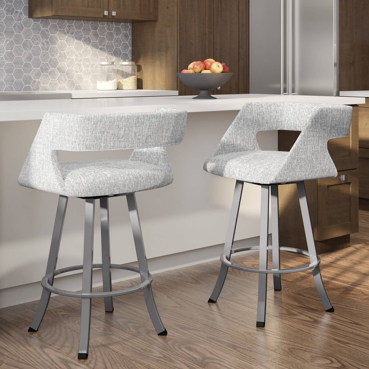 Soft Grey White Polyester Swivel Counter and Bar Stool D14309