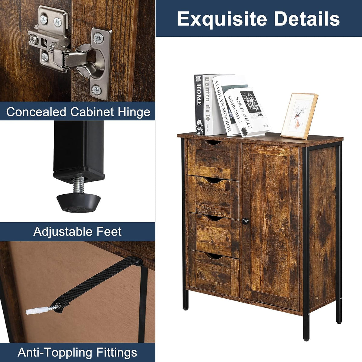 Rustic Brown 4 Drawer 1 Door Wooden Metal Frame Bathroom Floor Cabinet X6931
