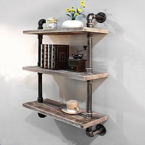 Industrial Pipe Bookcase Wall Shelf, Rustic Floating Wood Shelves 24'' M89715