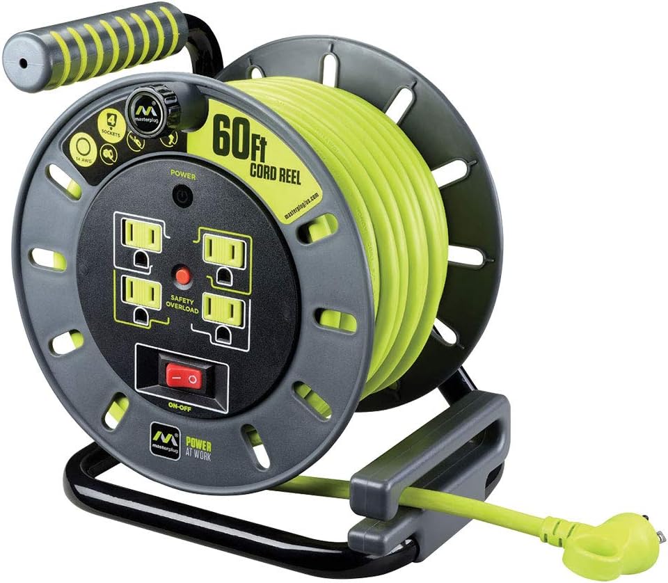 Heavy Duty Metal Cord Reel with 4 Outlets and 12 Gauge Cord (100ft) L46429