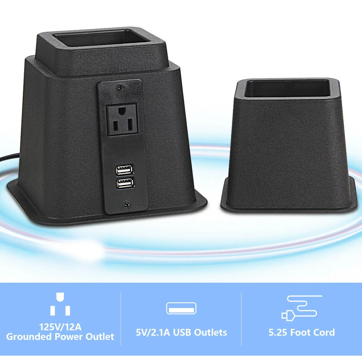 Black Adjustable Bed Riser with Power Outlet and USB Ports Set of 4 T886934