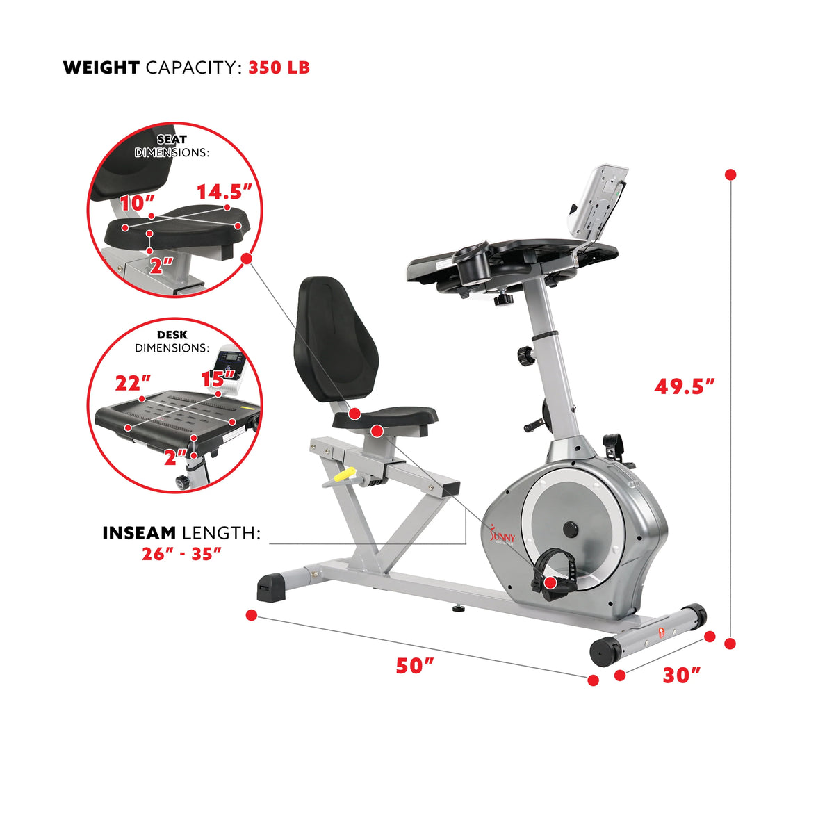 Magnetic Indoor Recumbent Exercise Desk Bike 350 lb Weight Capacity K537155