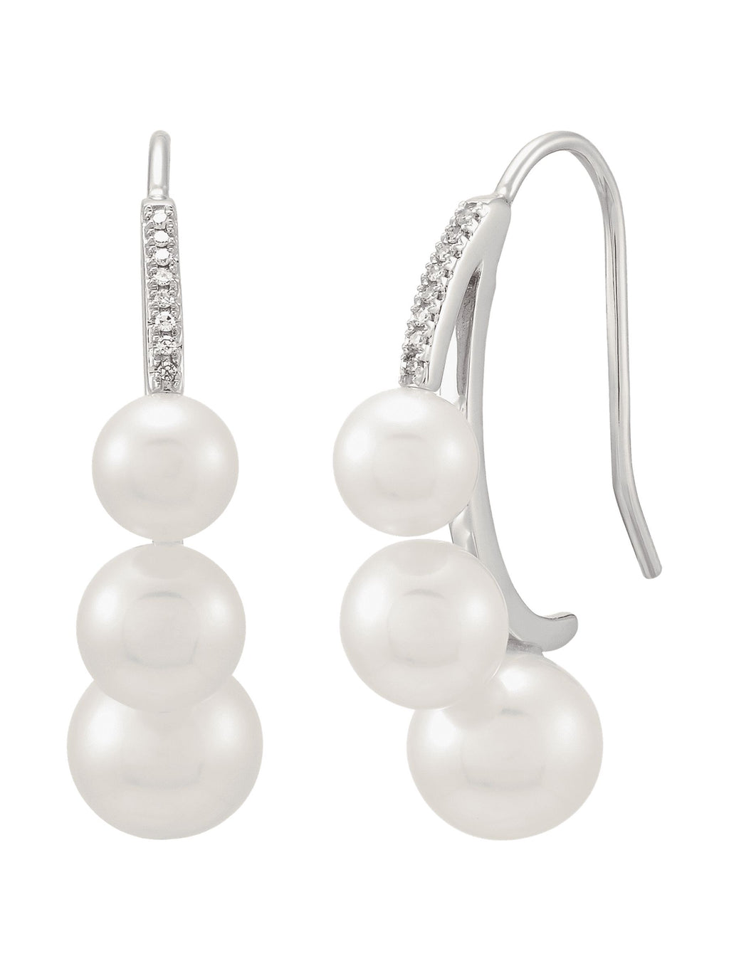 White Freshwater Pearl J-Hoop Drop Earrings with Diamonds in 14kt White Gold M354