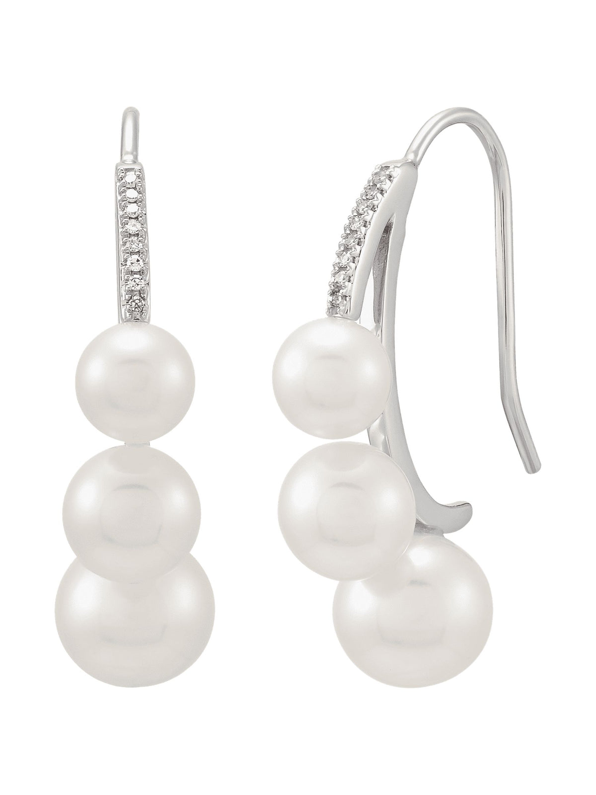 White Freshwater Pearl J-Hoop Drop Earrings with Diamonds in 14kt White Gold M354