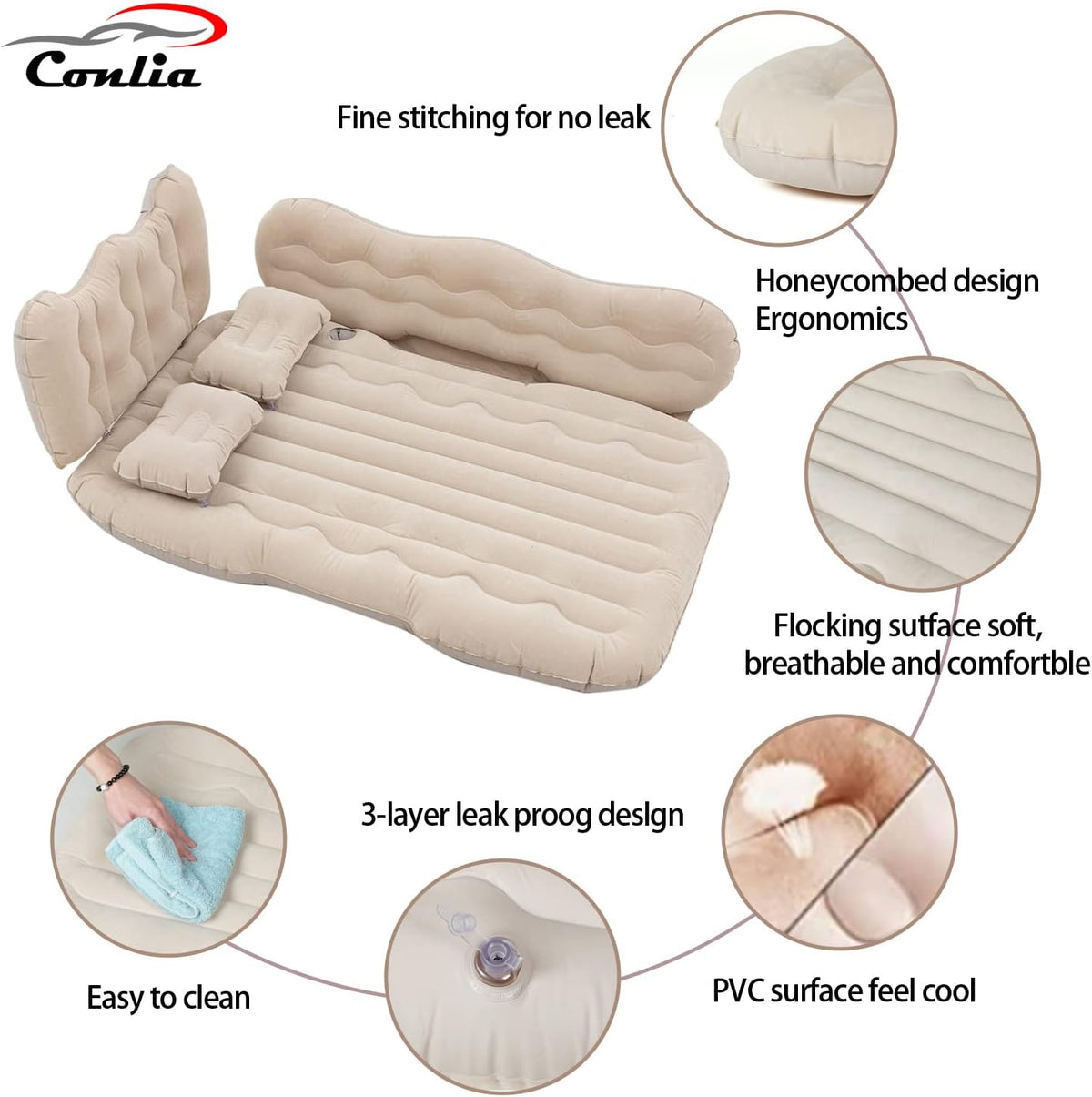 Beige Inflatable Car Air Mattress with Air Pump C602