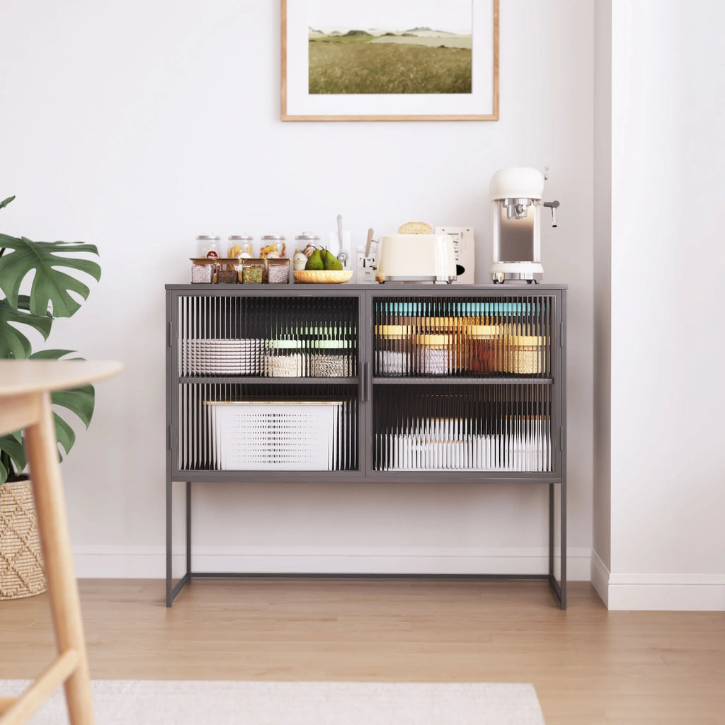 Gray Fluted Glass Sideboard Storage Cabinet Console Table O67401