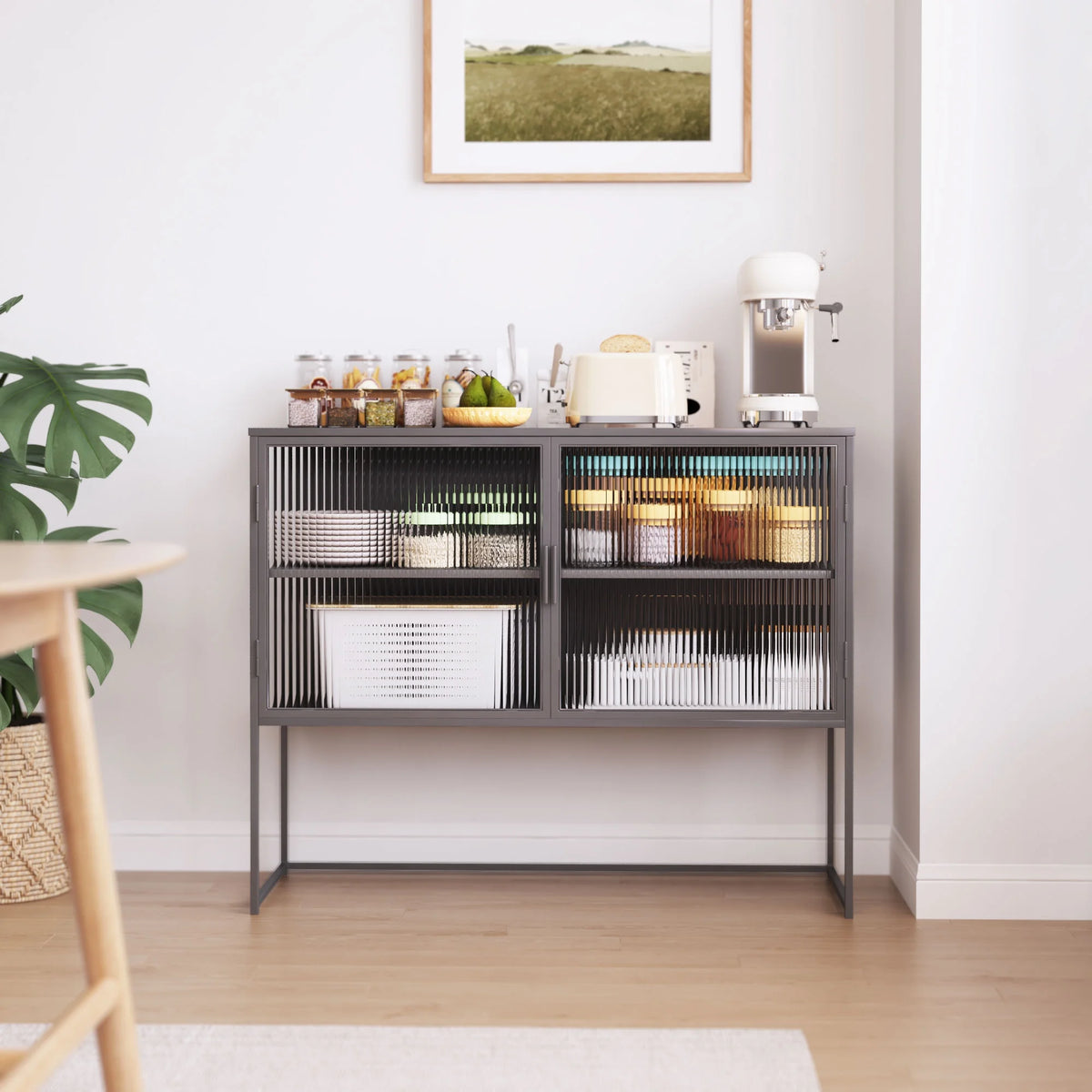 Gray Fluted Glass Sideboard Storage Cabinet Console Table O67401