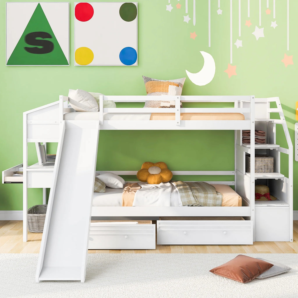 White Wood Twin over Twin Bunk Bed with Desk and Slide M4244