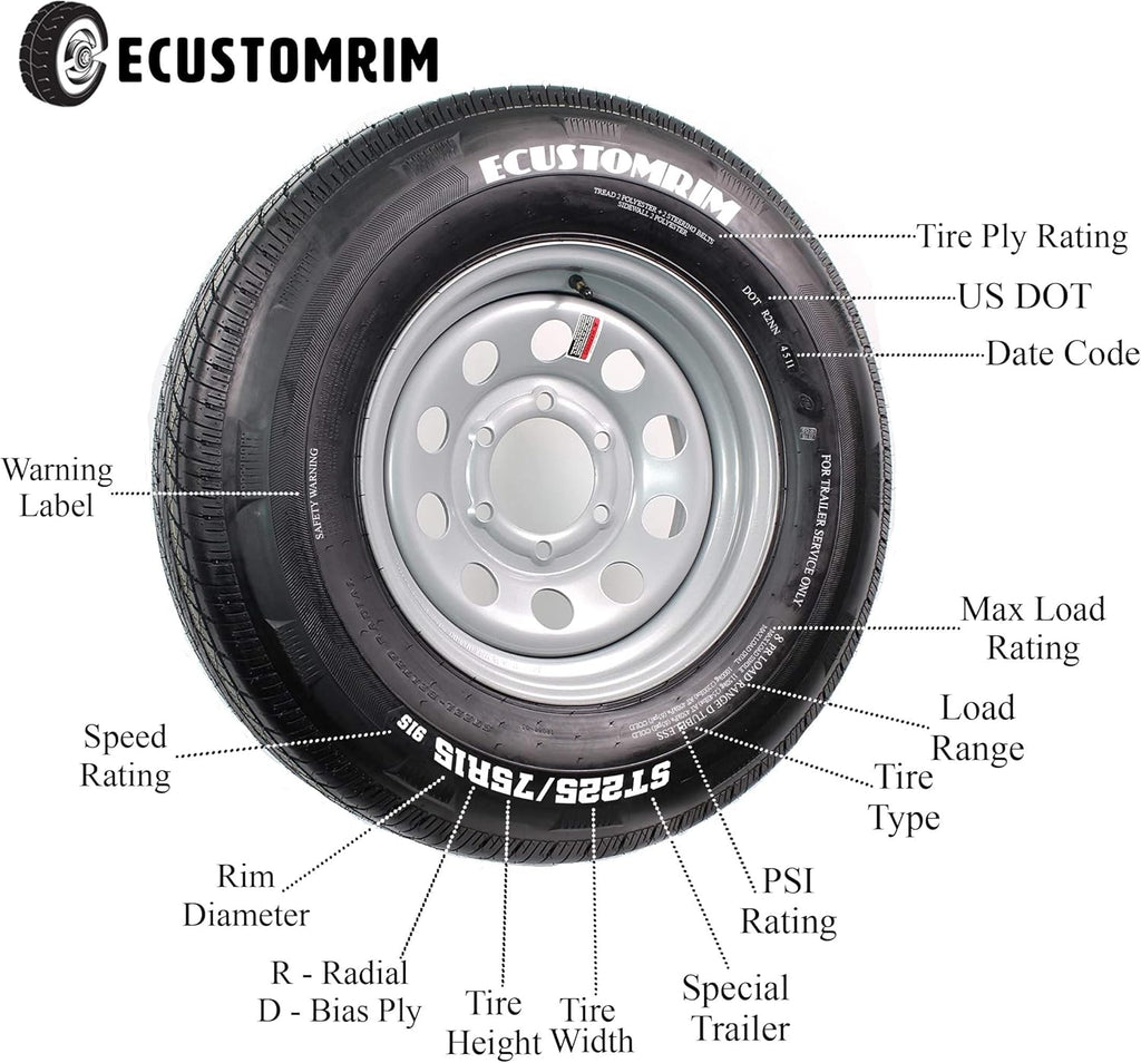 Gray Modular Trailer Tire On Rim ST205/75R15 5 Lug Wheel O2343