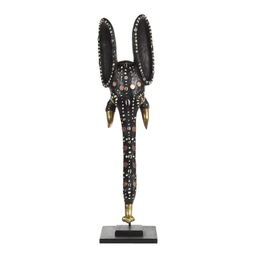 Hand-Carved Brown Wood and Aluminum Elephant Mask on Stand R6774