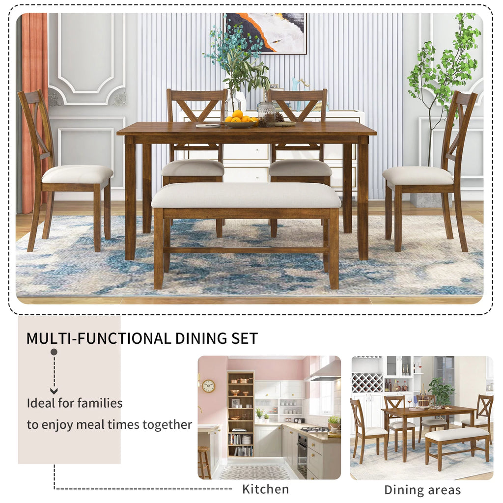 6-Piece Wooden Dining Table Set with 4 Chairs and Bench G9003