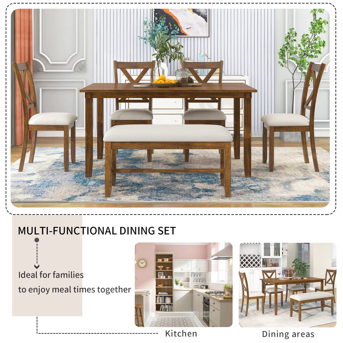 6-Piece Wooden Dining Table Set with 4 Chairs and Bench G9003