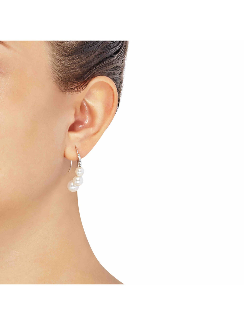 White Freshwater Pearl J-Hoop Drop Earrings with Diamonds in 14kt White Gold M354