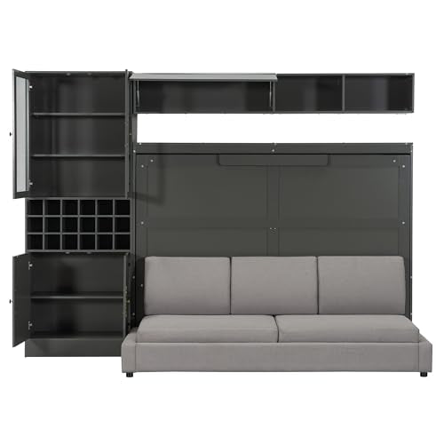 Grey Queen Size Murphy Bed with Sofa and Shelves H293