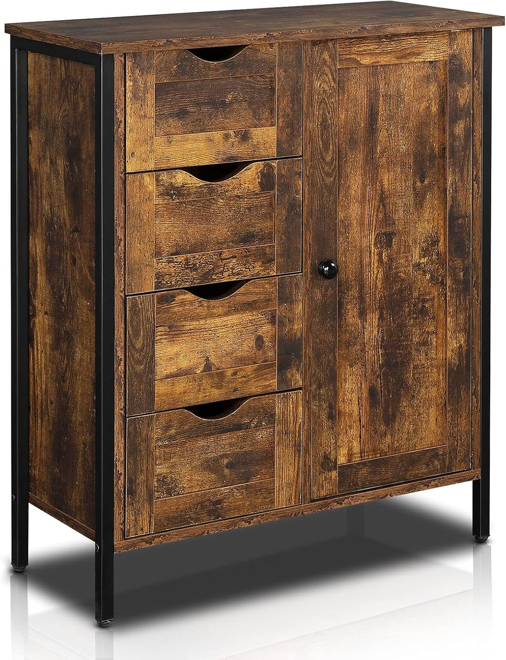 Rustic Brown 4 Drawer 1 Door Wooden Metal Frame Bathroom Floor Cabinet X6931