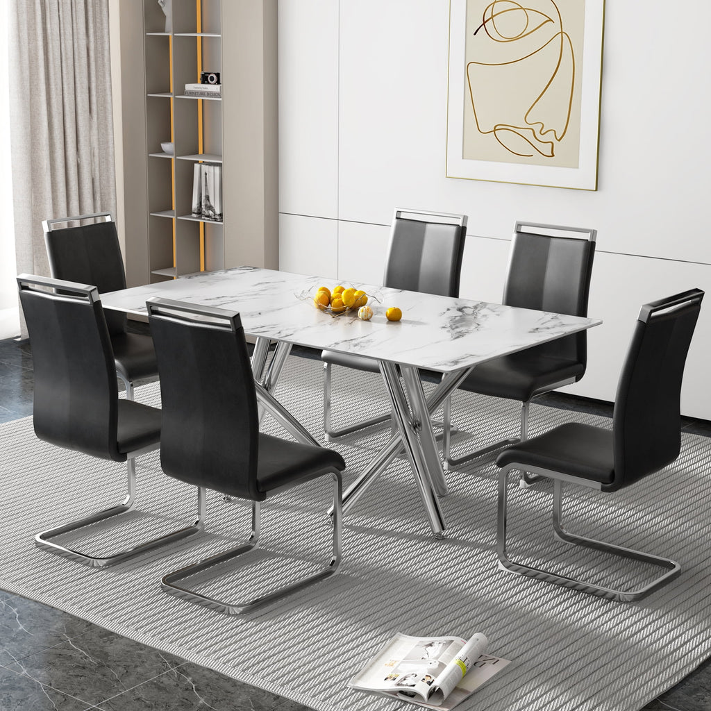 Rectangular Glass Dining Table for 6-8 People with Tempered Glass Top and Silver Metal Legs S1926