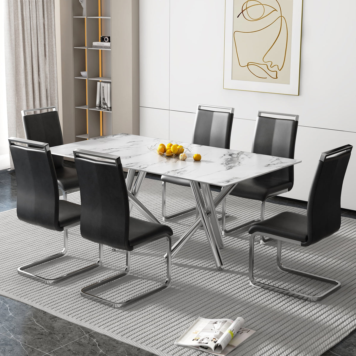Rectangular Glass Dining Table for 6-8 People with Tempered Glass Top and Silver Metal Legs S1926