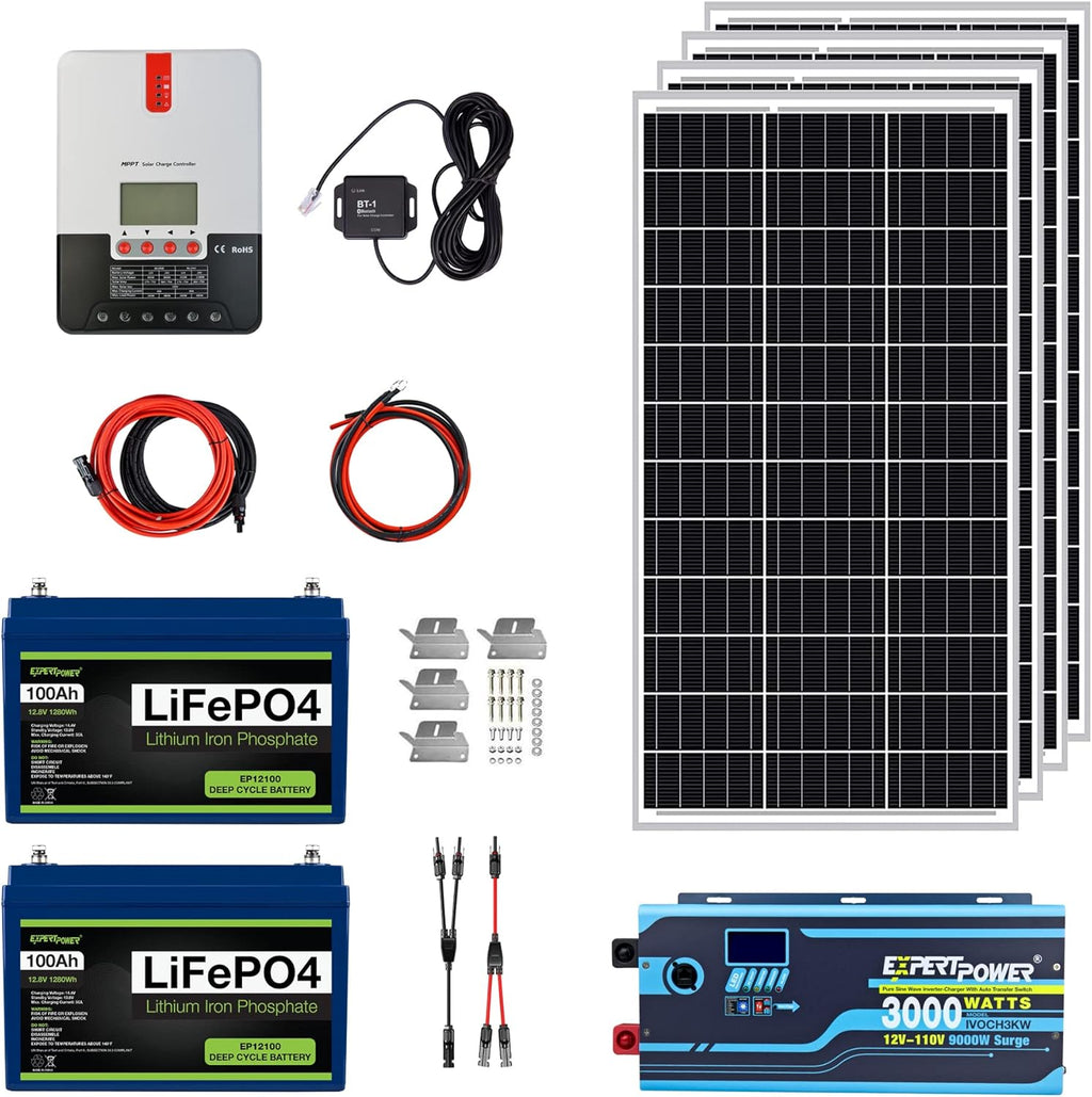 2.5KWH 12V LiFePO4 100Ah Solar Power Kit with 400W Mono Solar Panels, 30A MPPT Charge Controller, 3KW Pure Sine Wave Inverter S88952