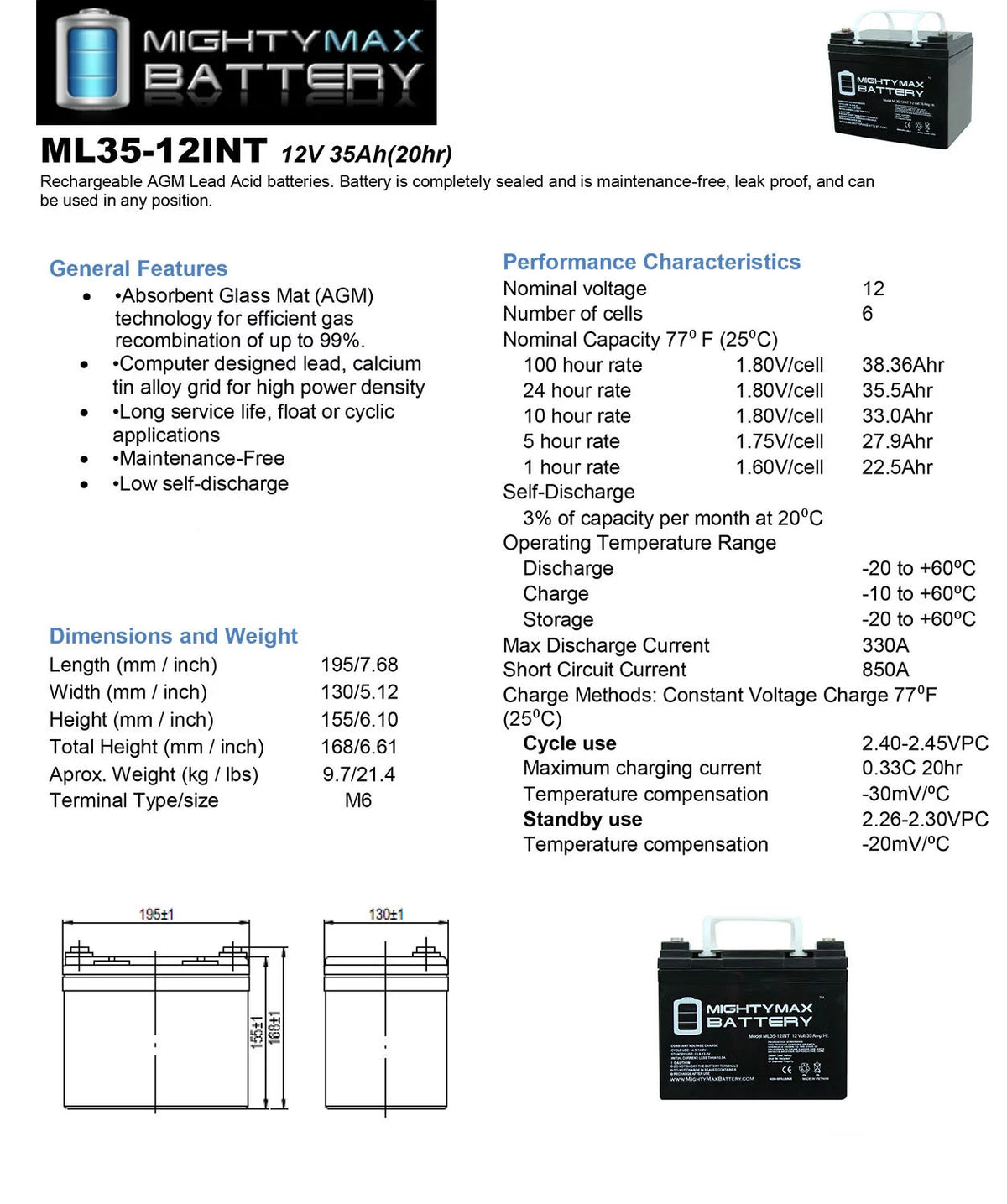 12V 35AH Deep Cycle Battery O31056