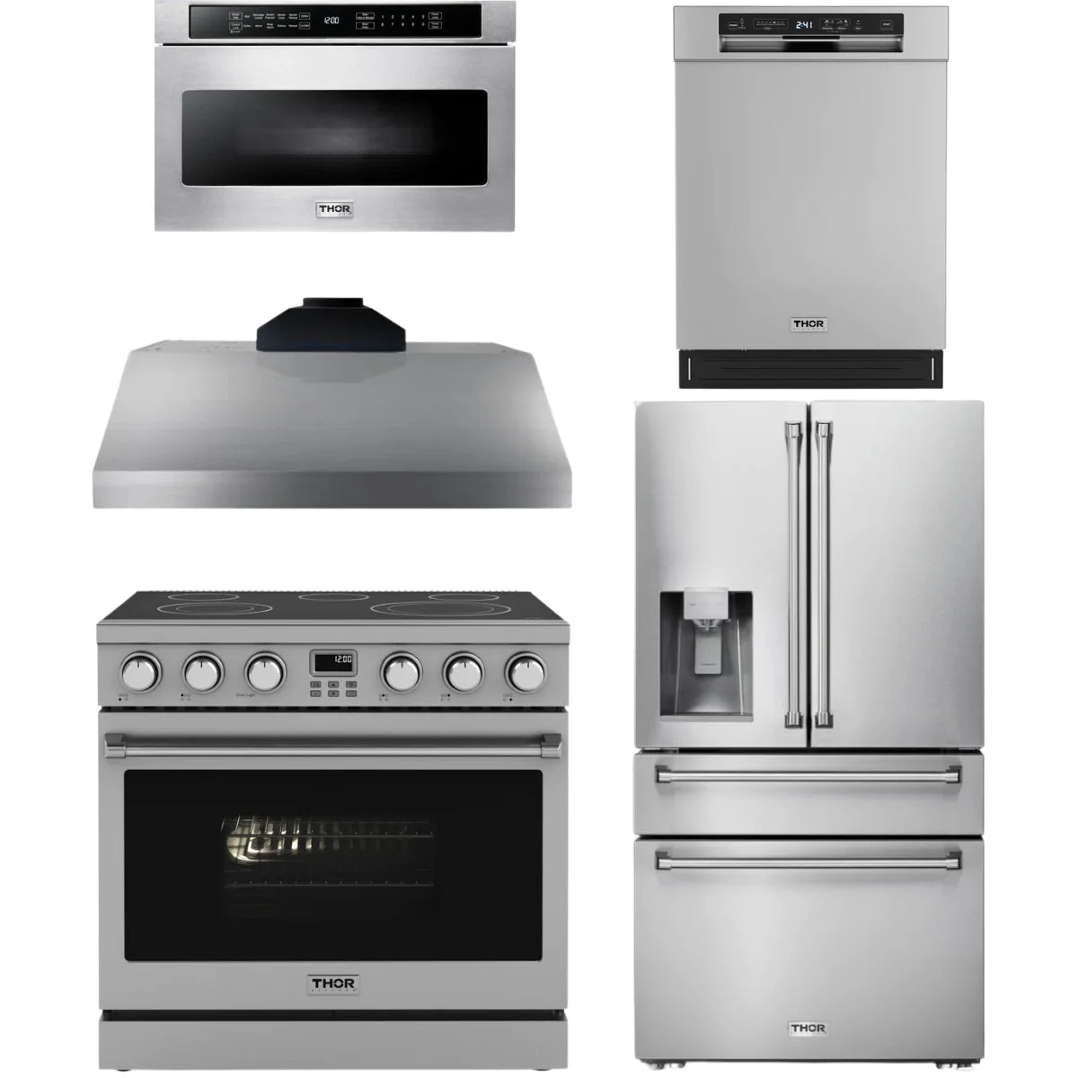 36 Electric Range, Range Hood, Refrigerator, Dishwasher and Microwave U5429