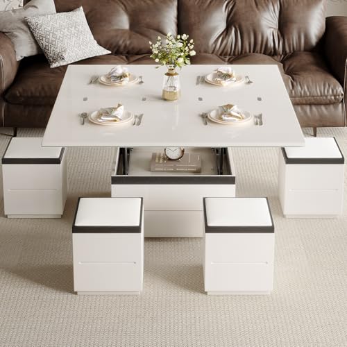 White Lifting Top Coffee Table with Four Stools J390489
