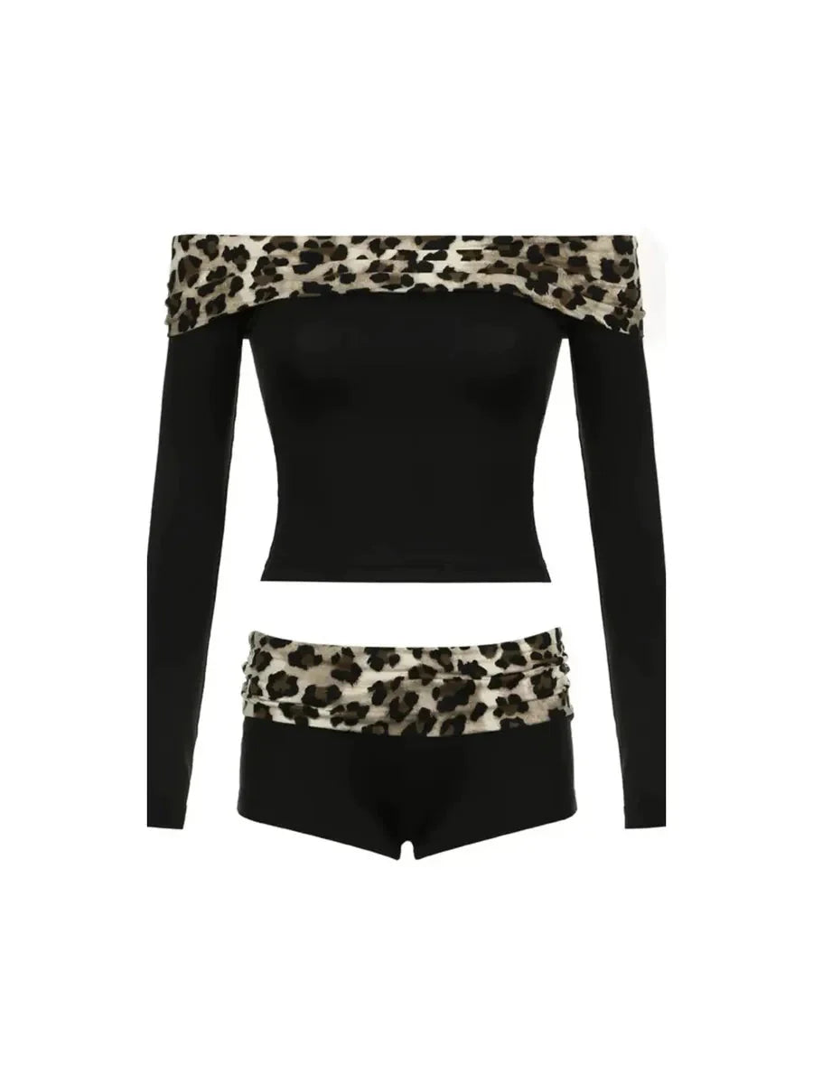 Cheetah Print Off Shoulder 2 Pcs Set O5966