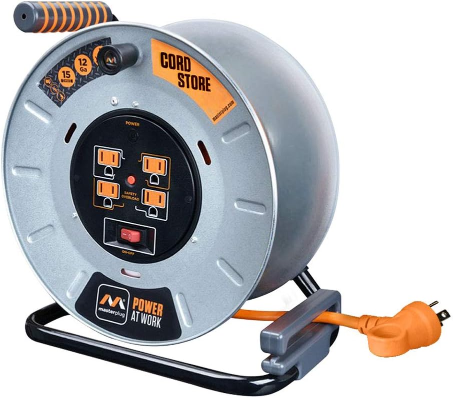 Heavy Duty Metal Cord Reel with 4 Outlets and 12 Gauge Cord (100ft) L46429