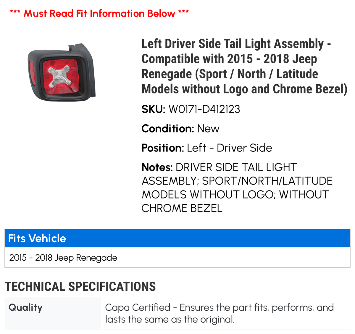 Left Driver Side Tail Light Assembly for Jeep Renegade H933857