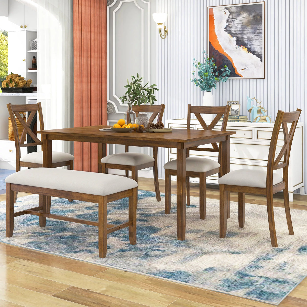 6-Piece Wooden Dining Table Set with 4 Chairs and Bench G9003