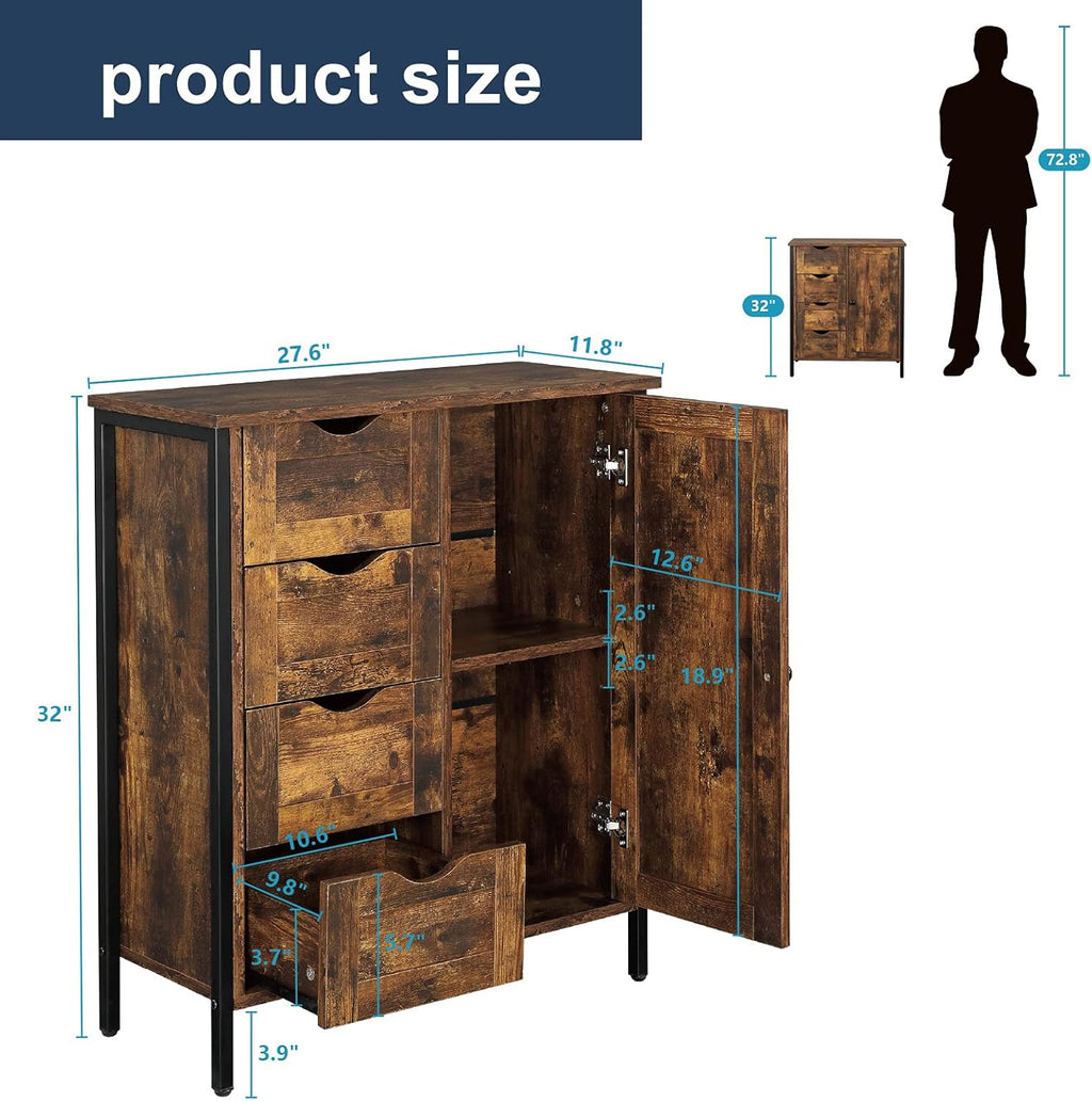 Rustic Brown 4 Drawer 1 Door Wooden Metal Frame Bathroom Floor Cabinet X6931