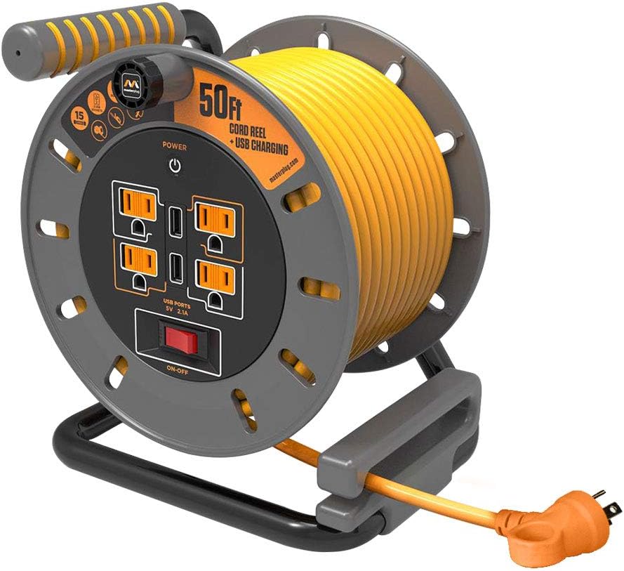 Heavy Duty Metal Cord Reel with 4 Outlets and 12 Gauge Cord (100ft) L46429