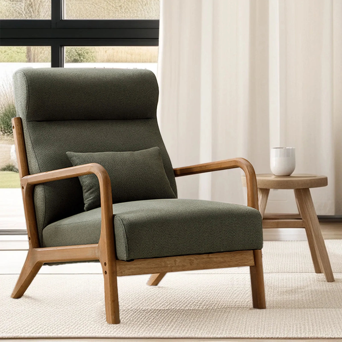 Mid-Century Modern Green Upholstered Accent Chair with Pillow D603655