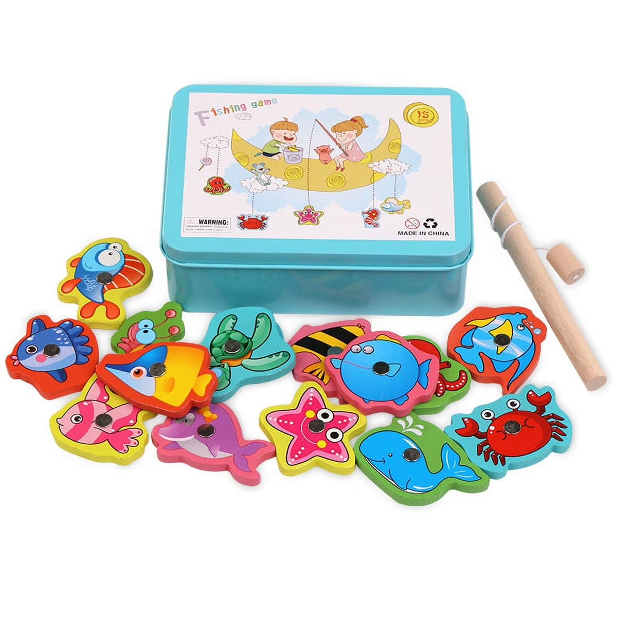 15 Fishes Wooden Kids Magnetic Fishing Game D887