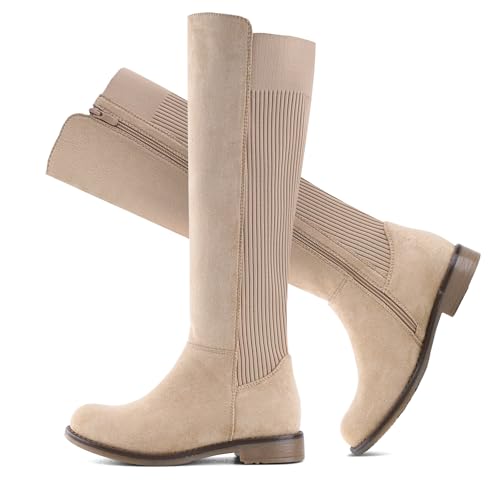 Knee High Boots Flat Low Heel Stretchy Round Toe with Side Zipper Z8201