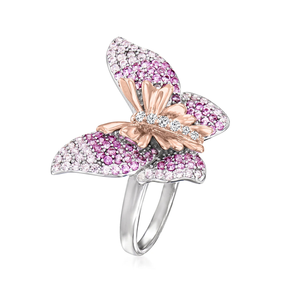 Simulated Pink Sapphire Butterfly Ring With CZ Accents in 2-Tone Sterling Silver U780927