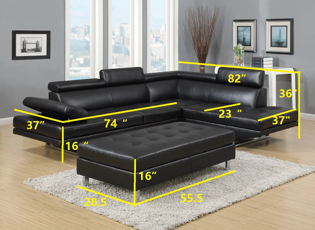 Black Bonded Leather 3-piece Sectional Sofa Set T5149