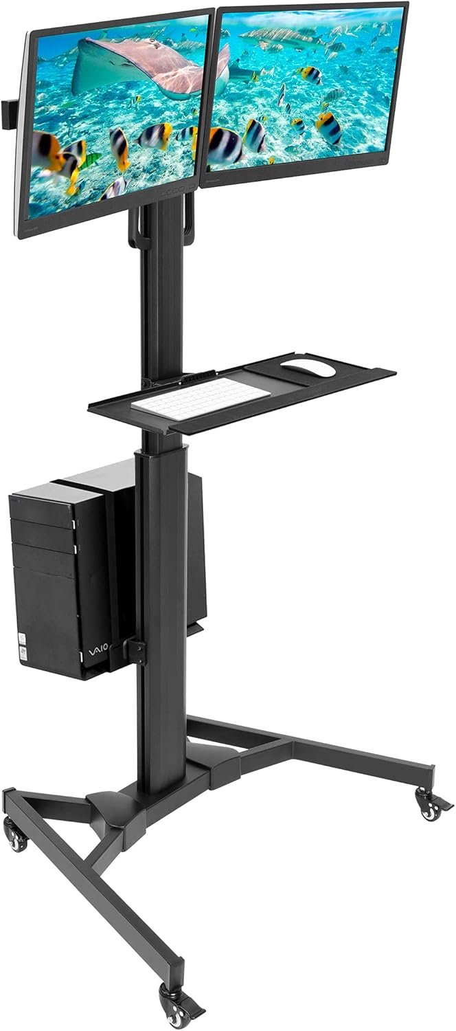 Adjustable Mobile Dual Monitor PC Workstation Cart with Keyboard Tray G116878
