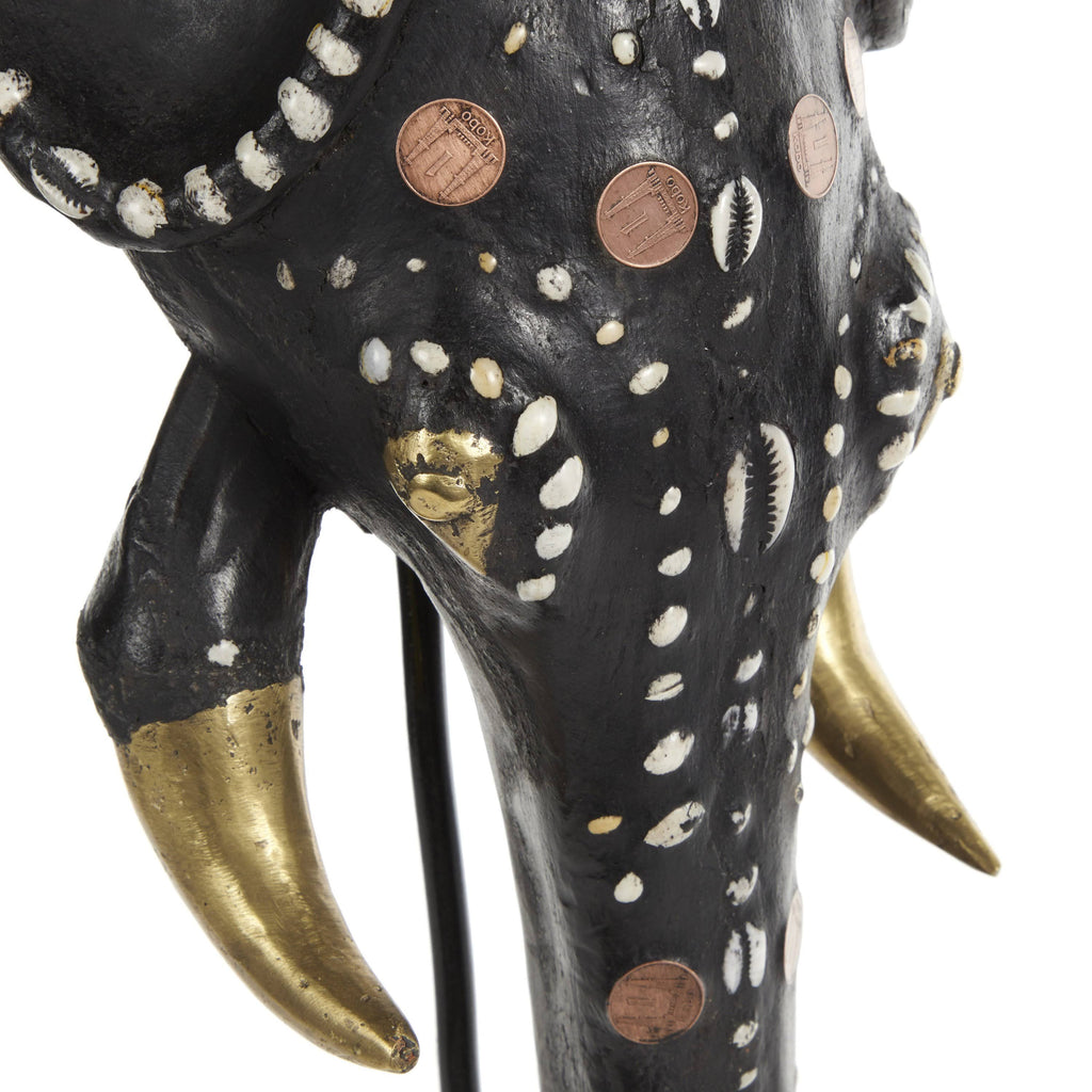 Hand-Carved Brown Wood and Aluminum Elephant Mask on Stand R6774