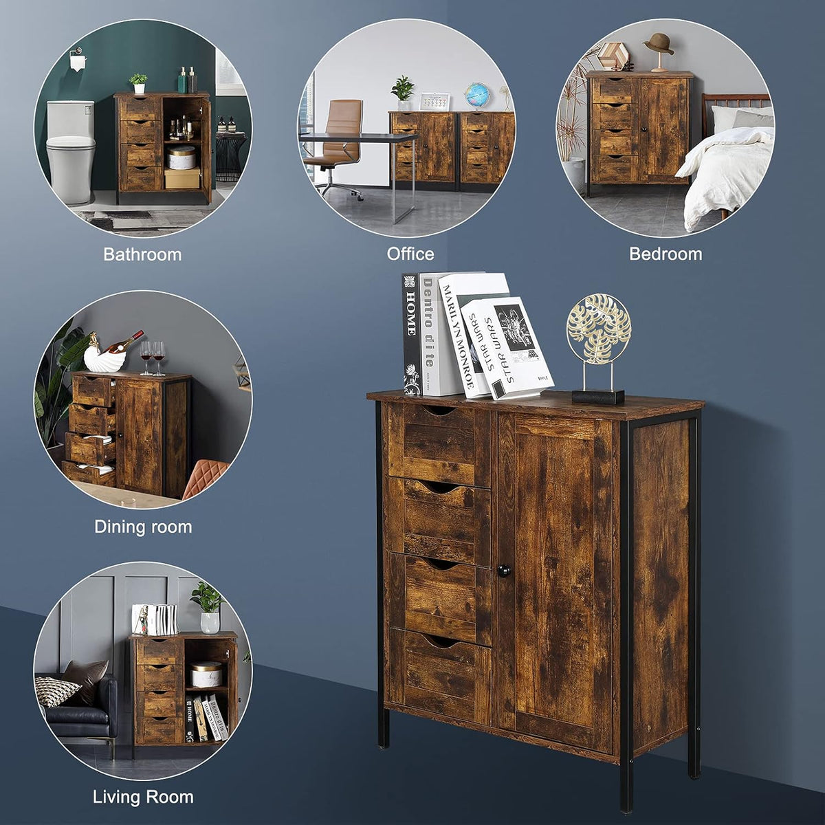 Rustic Brown 4 Drawer 1 Door Wooden Metal Frame Bathroom Floor Cabinet X6931